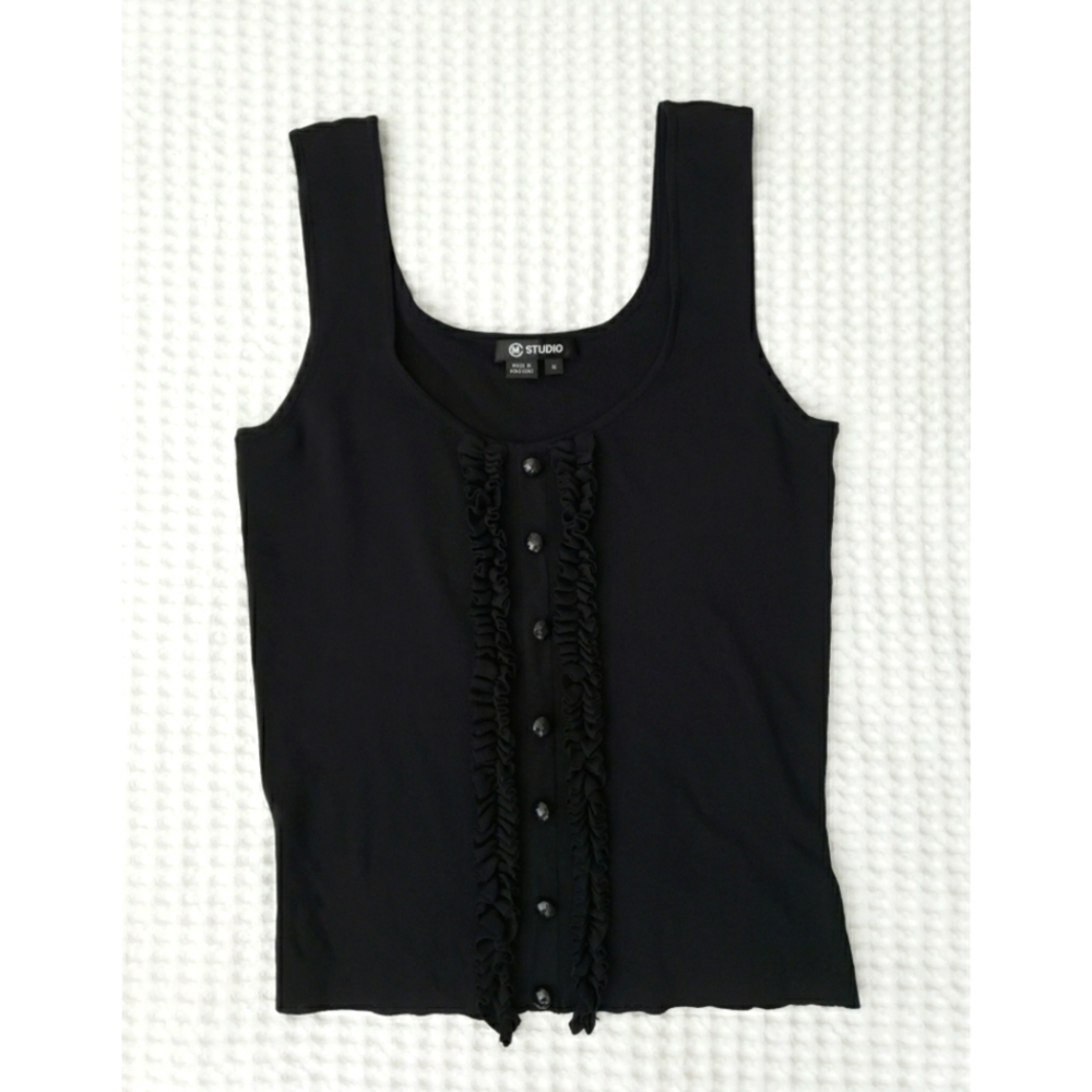 CM studios black fine knit tuxedo ruffle blouse M